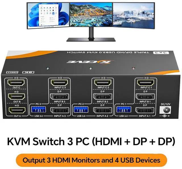 AUTYUE USB 3.0 HDMI + 2 Displayport KVM Switch 3 Monitors 3 Computers Triple Monitor HDMI KVM Switch 8K 60Hz 4K 144Hz for 3 Computers Share Mouse Keyboard Wired Remote and Power Adapter