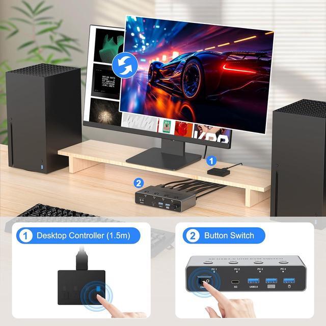 AUTYUE USB 3.0 HDMI KVM Switch 4 Computers 1 Monitor 8K 60Hz HDMI KVM Switches For 4 Computers Share 1 Monitor 4 In 1 Out HDMI KVM Switch With 3 USB 3.0 And 1 USB-C Ports Share Keyboard Mouse