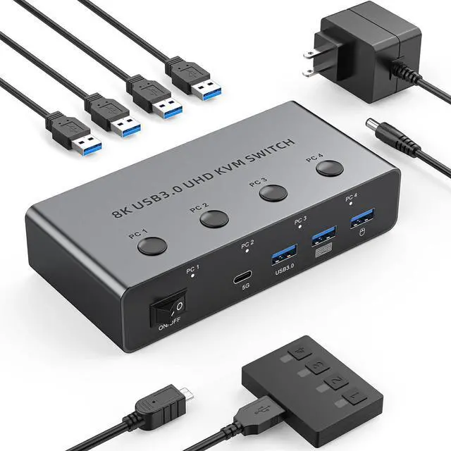 AUTYUE USB 3.0 HDMI KVM Switch 4 Computers 1 Monitor 8K 60Hz HDMI KVM Switches for 4 Computers Share 1 Monitor 4 in 1 Out HDMI KVM Switch with 3 USB 3.0 and 1 USB-C Ports Share Keyboard Mouse