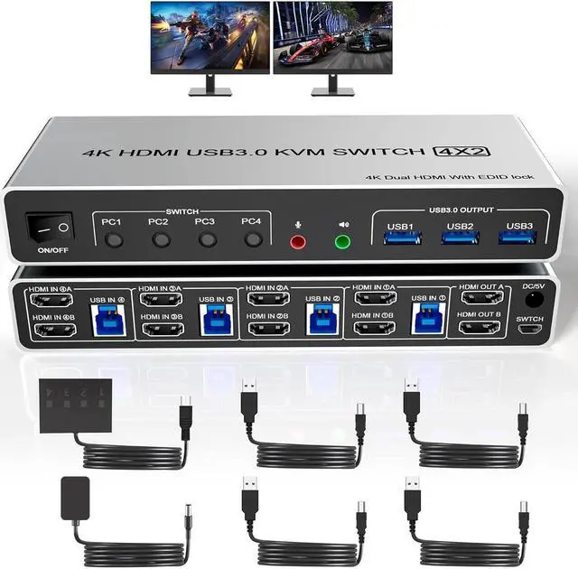AUTYUE USB 3.0 HDMI KVM Switch 4 Computers 2 Monitors Supports EDID 4K 60Hz KVM Switch HDMI 2 Monitor 4 PC with Audio Microphone and 3 USB 3.0 Ports 4 Port HDMI Dual Monitor KVM Switch for 4PCs