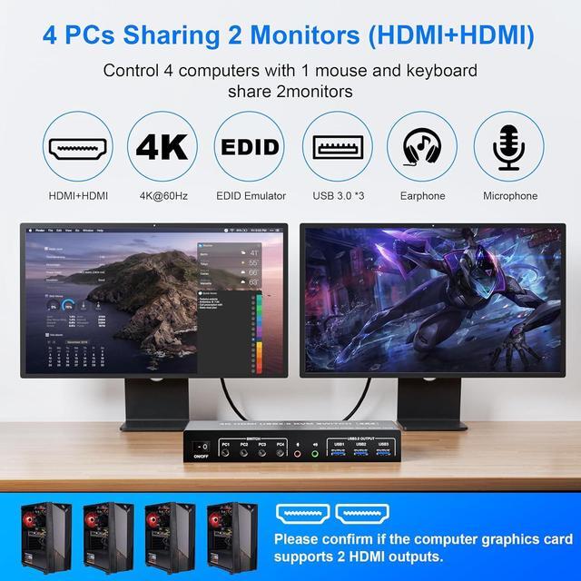 AUTYUE USB 3.0 HDMI KVM Switch 4 Computers Supports EDID 4K 60Hz Dual Monitor HDMI KVM Switches For 4 PCs With 3 USB 3.0 And Audio Microphone Ports 4 Port HDMI KVM Switch 4 In 2 Out For 4PCs