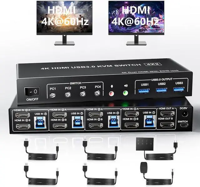 AUTYUE USB 3.0 HDMI KVM Switch 4 Computers Supports EDID 4K 60Hz Dual Monitor HDMI KVM Switches for 4 PCs with 3 USB 3.0 and Audio Microphone Ports 4 Port HDMI KVM Switch 4 in 2 Out for 4PCs