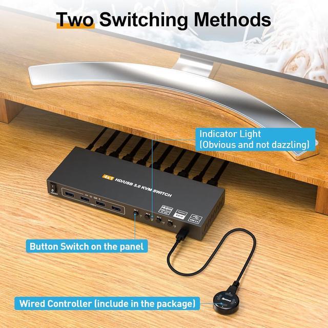 AUTYUE USB 3.0 KVM Switch HDMI 4K 60Hz/2K 120Hz With EDID 4 Port HDMI KVM Switch For 4 Computer Share 1 Monitor And 4 USB 3.0 Devices Wired Remote And USB Cables Included