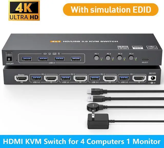 AUTYUE USB 3.0 KVM Switch HDMI 4K 60Hz/2K 120Hz with EDID 4 Port HDMI KVM Switch for 4 Computer Share 1 Monitor and 4 USB 3.0 Devices Wired Remote and USB Cables Included