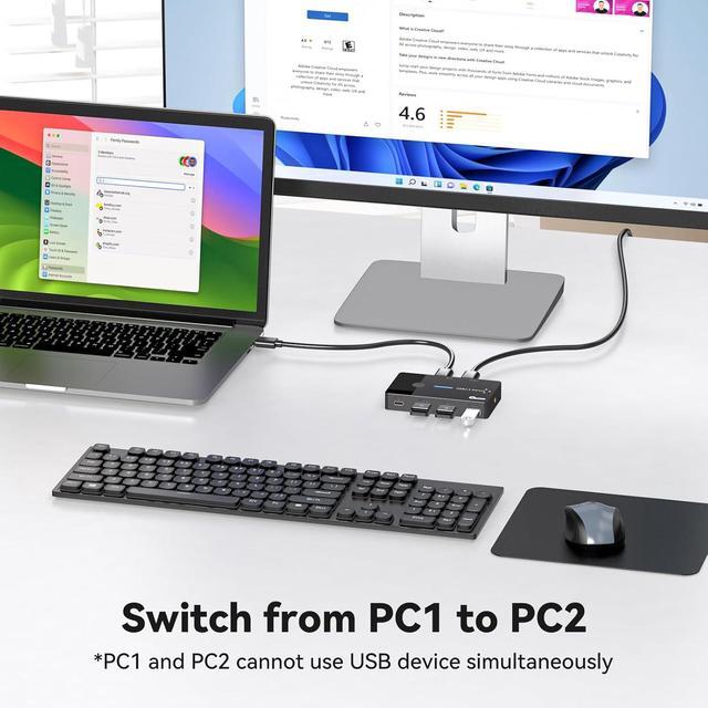 AUTYUE USB 3.0 Switch 2 Computers Sharing USB C & A Devices 4 Port USB Switcher Sharing Keyboard And Mouse Printer/Scanner USB Switch Hub For 2 Computers With 2 USB3.0 Cables And Desktop Controller