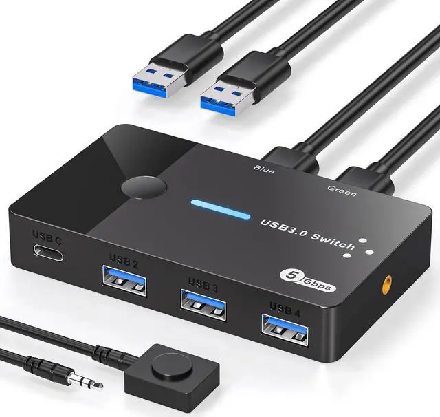 AUTYUE USB 3.0 Switch 2 Computers Sharing USB C & A Devices 4 Port USB Switcher Sharing Keyboard and Mouse Printer/Scanner USB Switch Hub for 2 Computers with 2 USB3.0 Cables and Desktop Controller