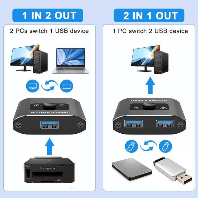 AUTYUE USB 3.0 Switch Bi-Directional USB Switcher USB Splitter 1 In 2 Out/2 In 1 Out Aluminum USB Switch 2 Computers Share Printer Mouse Keyboard USB Sharing Switch With 2 USB 3.0 Cable