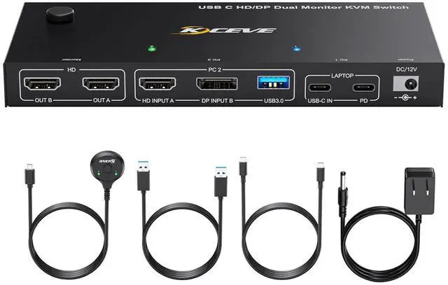 AUTYUE USB C HDMI Displayport KVM Switch for 1 Desktop + 1 Laptop 2 Monitors Dual Monitor KVM Switch USB 3.0 MST Dual HDMI 4K 60Hz Support PD with USB C Cable Wired Controller and Power Adapter