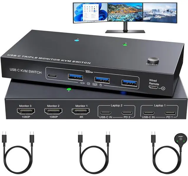 AUTYUE USB C KVM Switch 3 Monitors 2 PCs 4K/1080P 60Hz USB-C Triple Monitor KVM Switches with 4 USB3.2 Port for USB Device 10Gbps 80W PD Charging For Windows and Mac OS Driver Installation is Required