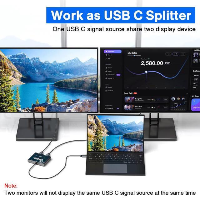 AUTYUE USB C Switch 2 In 1 Out/1 In 2 Out Bi-Directional USB C Switcher Selector For 2 Laptops Share 1 USB Device 8K 60Hz/10Gbps Data Transfer And 100W PD Charging Wired Control And 2 USB C Cables