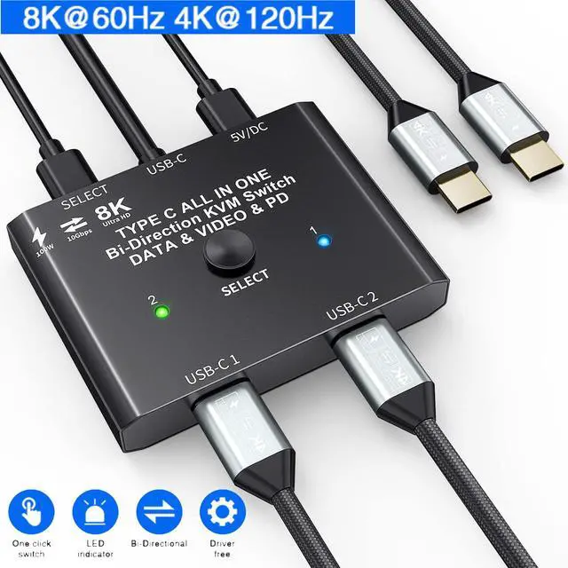 AUTYUE USB C Switch 2 in 1 Out/1 in 2 Out Bi-Directional USB C Switcher Selector for 2 Laptops Share 1 USB Device 8K 60Hz/10Gbps Data Transfer and 100W PD Charging Wired Control and 2 USB C Cables