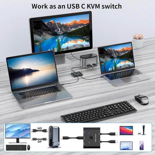 AUTYUE USB C Switch Bi-Directional USB C Switcher 2 Computers Type C KVM Switch 8K 60Hz 4K 120Hz Video/10Gbps Data Transfer/100W Charging Compatible With Thunderbolt Device 2 USB-C Cables Included
