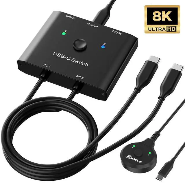 AUTYUE USB C Switch Bi-Directional USB C Switcher 2 Computers Type C KVM Switch 8K 60Hz 4K 120Hz Video/10Gbps Data Transfer/100W Charging Compatible with Thunderbolt Device 2 USB-C Cables Included