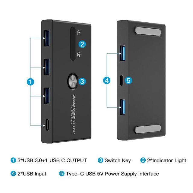 AUTYUE USB C Switch USB Switcher 2 Computers Sharing USB C & USB A Devices 4 Port USB Switcher Sharing Keyboard And Mouse Printer/Scanner USB 3.0 Switch Hub With 2 USB 3.0 Cables 5FT