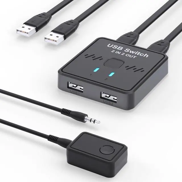 AUTYUE USB Switch 2 in 2 Out USB Switcher 2 Computers Sharing Keyboard and Mouse Printer Scanner Webcam Printer Splitter for 2 Computers 2 Port USB Selector with 2 USB Cables & External Controller