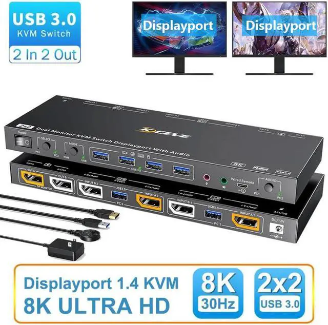 AUTYUE Voice Controlled Dual Monitor Displayport KVM Switch 2 Monitors 2 Computers 8K 30Hz 4K 144Hz USB 3.0 DP KVM Switch 2 in 2 Out with Audio and 4 USB 3.0 Port Support KVM Mode and USB Mode