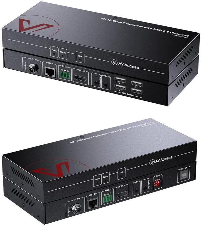 AV Access HDMI USB Extender(HDBaseT) KVM 100m/330ft 4K 60Hz 1080p 120Hz Over Cat5e/6/6a/7 4 Ports USB2.0 No Signal Loss and Latency RS232 POE Independent EDID Management (4KEX100-KVM)