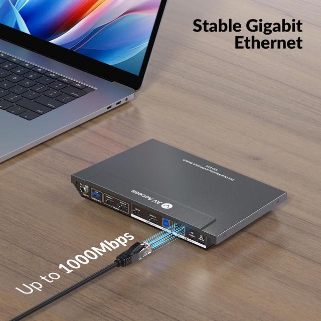 AV Access KVM Switch Docking Station For 2 Monitors 2 Computers 4K KVM Switch Dual Monitor For Laptop & Desktop EDID 1G Ethernet 100W USB-C Charging 3X USB 3.0 For Home Office & Gaming(KD-E10)