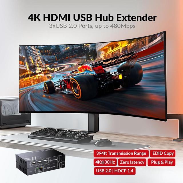 AV Access Zero-Latency 4K HDMI KVM Extender 120m/394ft Over Cat5e/6 3X USB 2.0 Ports Plug And Play Remote USB Control For Gaming Data Centers & Classrooms