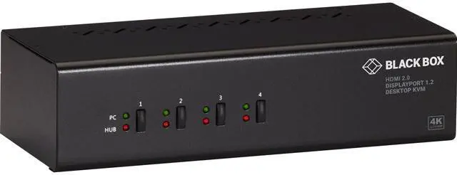 Black Box KV6224DPH KVM Switch - 4-Port Dual-Monitor Mixed DisplayPort 1.2 and HDMI 2.0 4K 60Hz USB 3.0 Hub Audio