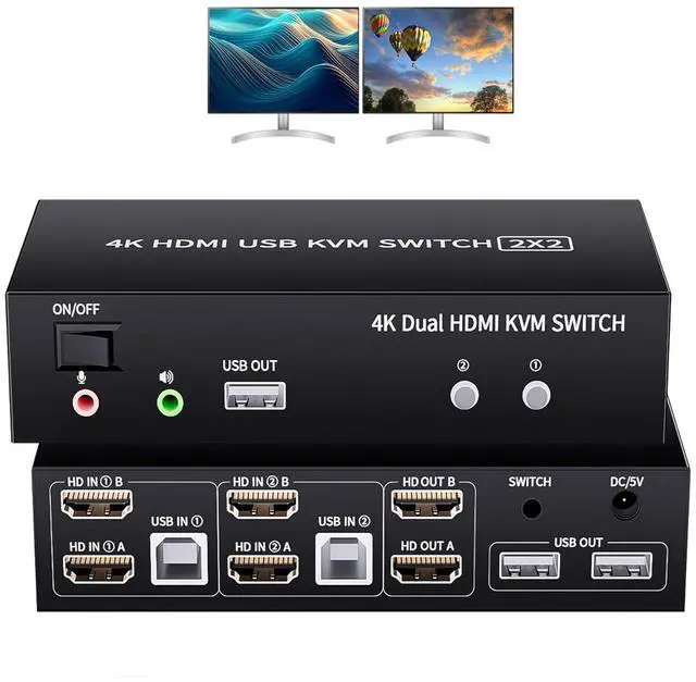 BUCIER 2 Ports Dual Monitor Switch 4K 60Hz KVM Switch 2 Monitors 2 Computers KVM Dual Monitor HDMI Switcher 2x2 for 2 Computers Share 2 Displays and 5 USB 2.0 Ports Wired Remote and USB Power Cable