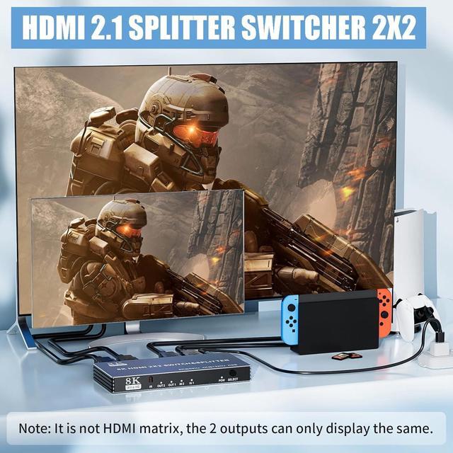 BUCIER 2x2 HDMI Switch Splitter HDMI 2.1 Switcher 2 In 2 Out 8K 60Hz 4K 120Hz W/IR Remote Control Supports HDCP 2.3 HDR HDR10 HDR 10+ 3D