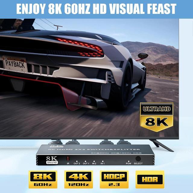 BUCIER 2x2 HDMI Switch Splitter HDMI 2.1 Switcher 2 In 2 Out 8K 60Hz 4K 120Hz W/IR Remote Control Supports HDCP 2.3 HDR HDR10 HDR 10+ 3D