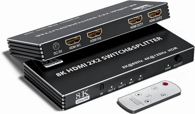 BUCIER 2x2 HDMI Switch Splitter HDMI 2.1 Switcher 2 in 2 Out 8K 60Hz 4K 120Hz w/IR Remote Control Supports HDCP 2.3 HDR HDR10 HDR 10+ 3D