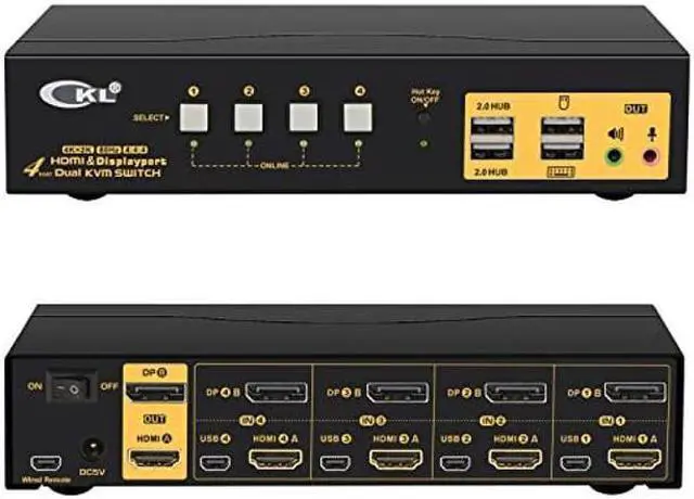 BUCIER 4 Port Dual Monitor KVM Switch HDMI + DisplayPort 4K 60Hz YUV 4:4:4 Keyboard Video Mouse Switcher for 4 Computers 2 Monitors with Audio and USB 2.0 HUB