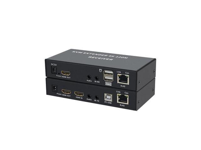 BUCIER 4K HDTV 120M KVM Extender HDMI-Compatible USB-A Keyboard Mouse 3.5mm AUX Aluminium Alloy Over CAT6 RJ45 Lan Ethernet Extender(With US Plug)