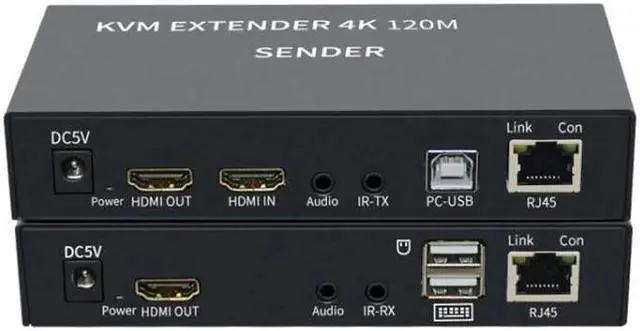 BUCIER 4K HDTV 120M KVM Extender HDMI-Compatible USB-A Keyboard Mouse 3.5mm AUX Aluminium Alloy Over CAT6 RJ45 Lan Ethernet Extender(With US Plug)