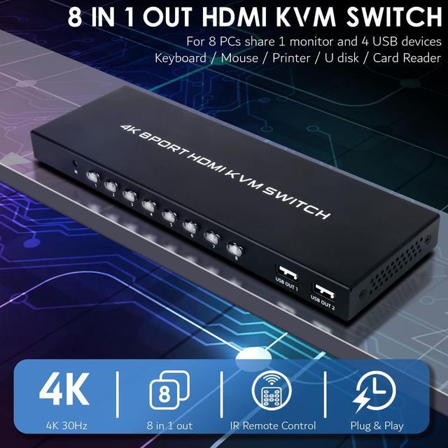 BUCIER 8 Port KVM Switch HDMI 4K 30Hz 8 In 1 Out HDMI KVM Switch For 8 PC Sharing 1 HD Monitor And 4 USB Devices With IR Remote & 8 HDMI Cables