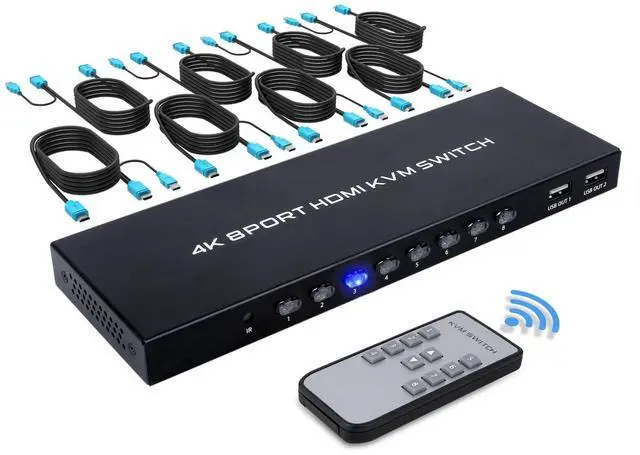 BUCIER 8 Port KVM Switch HDMI 4K 30Hz 8 in 1 Out HDMI KVM Switch for 8 PC Sharing 1 HD Monitor and 4 USB Devices with IR Remote & 8 HDMI Cables