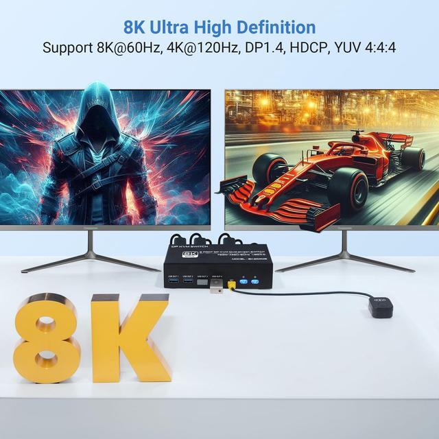 BUCIER 8K DP KVM Switch 2 PC 2 Monitor Dual Monitor KVM With 4 DP And 2 USB Cables 4K 120Hz 8K 60Hz Displayport 1.4 And USB 3.0
