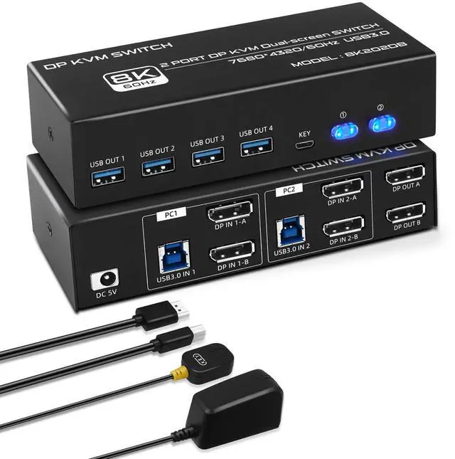 BUCIER 8K DP KVM Switch 2 PC 2 Monitor Dual Monitor KVM with 4 DP and 2 USB Cables 4K 120Hz 8K 60Hz Displayport 1.4 and USB 3.0
