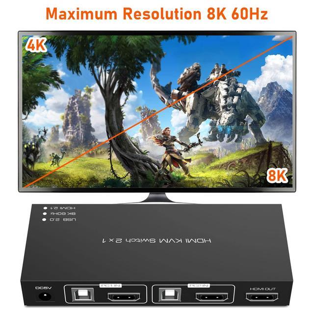 BUCIER 8K HDMI KVM Switch HDMI 2 In 1 Out KVM Switch Box Keyboard Mouse Printer Switcher Include 2 USB Type-B Cable Support 8K 60Hz EDID/HDCP 2.2 3D For Laptop PS4 HDTV Monitor Black