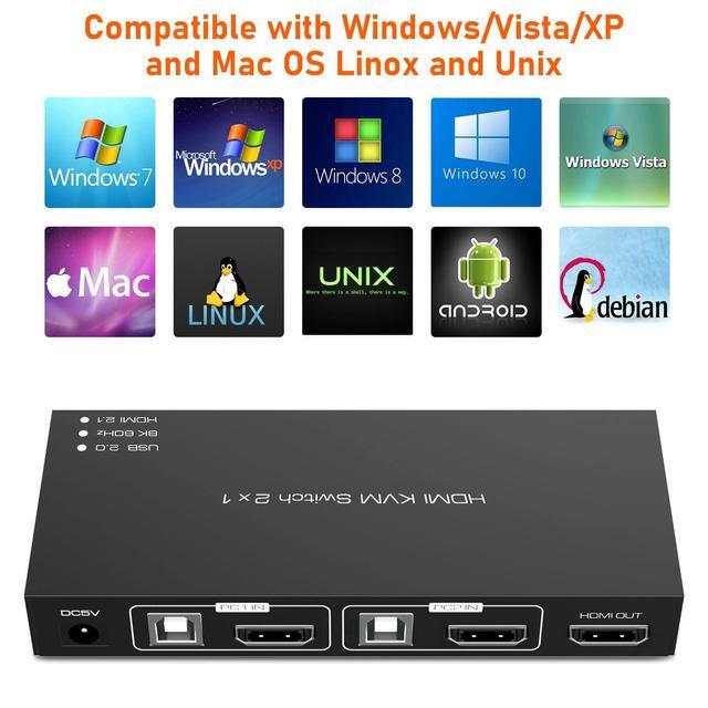 BUCIER 8K HDMI KVM Switch HDMI 2 In 1 Out KVM Switch Box Keyboard Mouse Printer Switcher Include 2 USB Type-B Cable Support 8K 60Hz EDID/HDCP 2.2 3D For Laptop PS4 HDTV Monitor Black