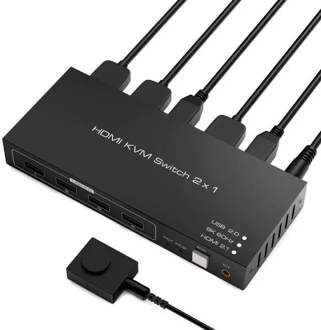 BUCIER 8K HDMI KVM Switch HDMI 2 in 1 Out KVM Switch Box Keyboard Mouse Printer Switcher Include 2 USB Type-B Cable Support 8K 60Hz EDID/HDCP 2.2 3D for Laptop PS4 HDTV Monitor Black