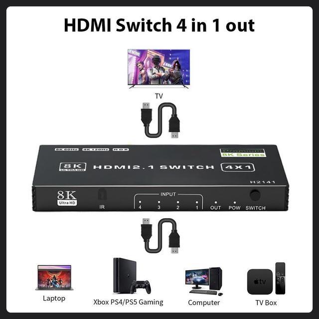 BUCIER 8K HDMI Switch 4 In 1 Out 4 Ports HDMI 2.1 Switch Box With IR Remote Control 48Gbps HDR10 HDCP2.3 DPCP Supported Auto Switching Compatible With PS5/4/3 Xbox NS HDTV Monitor