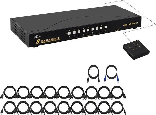 BUCIER CKLau 4Kx2K 8 Port HDMI KVM Switch with Cables and USB 2.0 Hub Rack Mount KVM Switch Supports Keyboard Mouse Switching for Windows Linux Mac Debian Ubuntu Fedora Raspberry Pi and Ubuntu
