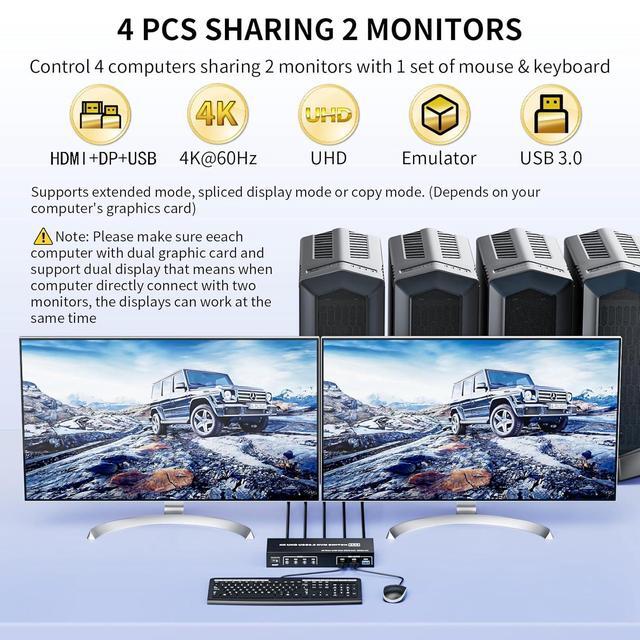 BUCIER DisplayPort KVM Switch Box For 4 Computers Share 2 Monitors DP KVM Switch With 3 USB 3.0 Ports Support 4K 60Hz Copy Extended Splicing Display Button Controller & 4 USB Cables Included