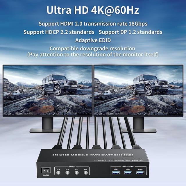 BUCIER DisplayPort KVM Switch Box For 4 Computers Share 2 Monitors DP KVM Switch With 3 USB 3.0 Ports Support 4K 60Hz Copy Extended Splicing Display Button Controller & 4 USB Cables Included