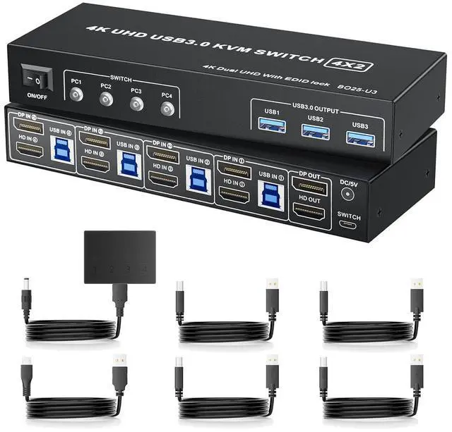 BUCIER DisplayPort KVM Switch Box for 4 Computers Share 2 Monitors DP KVM Switch with 3 USB 3.0 Ports Support 4K 60Hz Copy Extended Splicing Display Button Controller & 4 USB Cables Included