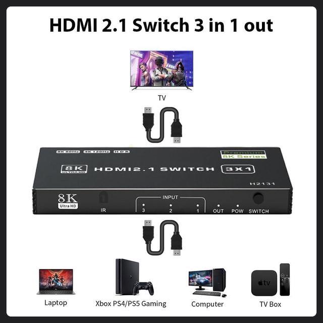 BUCIER HDMI 2.1 Switch 3 In 1 Out 8K 60Hz 4K 120Hz HDCP 2.3 HDR10 CEC Auto Switching Compatible With PS5 Xbox Series X/S NS PC DVD HDTV