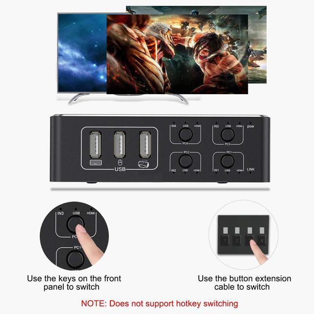 BUCIER HDMI KVM Switch 4K HDMI 4 In 1 Out KVM Switch Box Keyboard Mouse Printer Switcher Include 4 USB Type-B Cable Support 4K 60Hz EDID/HDCP 2.2 3D For Laptop PS4 HDTV Monitor