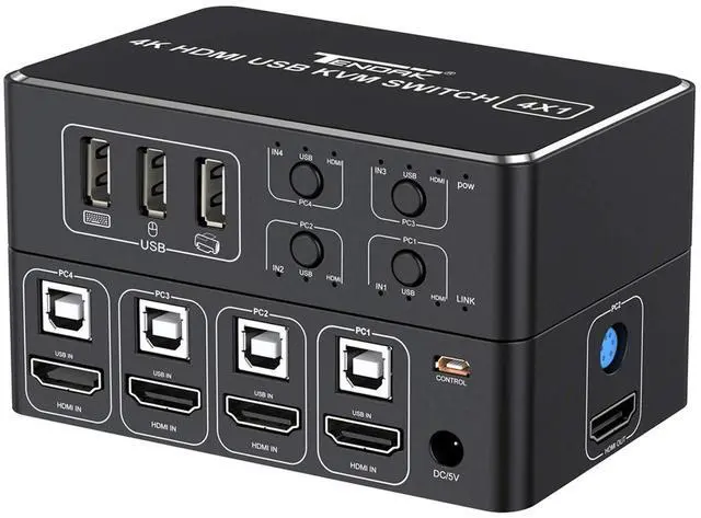 BUCIER HDMI KVM Switch 4K HDMI 4 in 1 Out KVM Switch Box Keyboard Mouse Printer Switcher Include 4 USB Type-B Cable Support 4K 60Hz EDID/HDCP 2.2 3D for Laptop PS4 HDTV Monitor