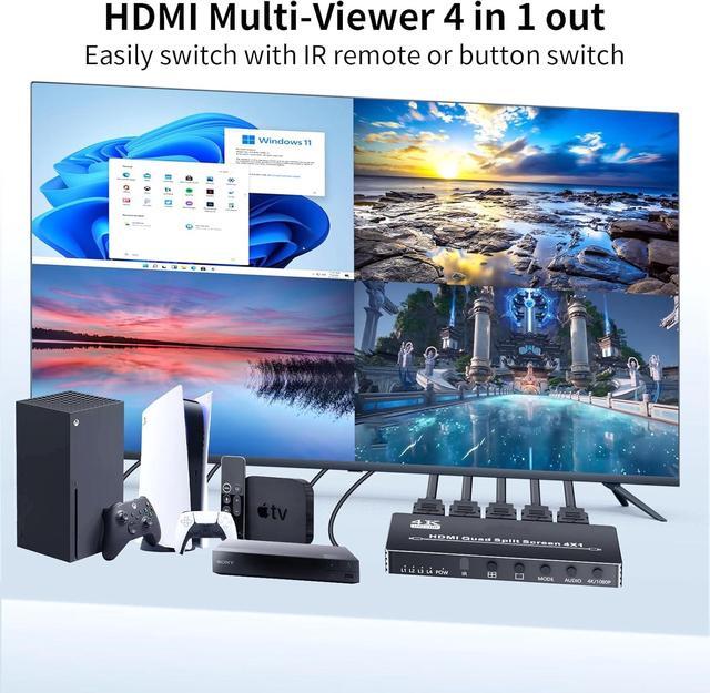 BUCIER HDMI Multi-Viewer 4X1 Seamless Switcher 4 In 1 Out Quad Multi Viewer Switcher With IR Remote Supports 4K 30Hz 5 Display Modes For Security Camera Gaming Consoles
