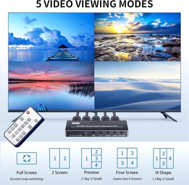 BUCIER HDMI Multi-Viewer 4X1 Seamless Switcher 4 In 1 Out Quad Multi Viewer Switcher With IR Remote Supports 4K 30Hz 5 Display Modes For Security Camera Gaming Consoles