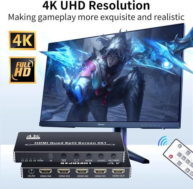 BUCIER HDMI Multi-Viewer 4X1 Seamless Switcher 4 In 1 Out Quad Multi Viewer Switcher With IR Remote Supports 4K 30Hz 5 Display Modes For Security Camera Gaming Consoles