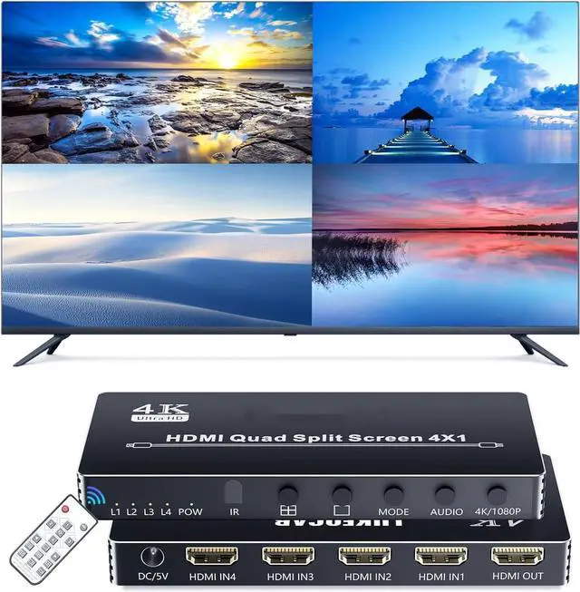 BUCIER HDMI Multi-Viewer 4X1 Seamless Switcher 4 in 1 Out Quad Multi Viewer Switcher with IR Remote Supports 4K 30Hz 5 Display Modes for Security Camera Gaming Consoles